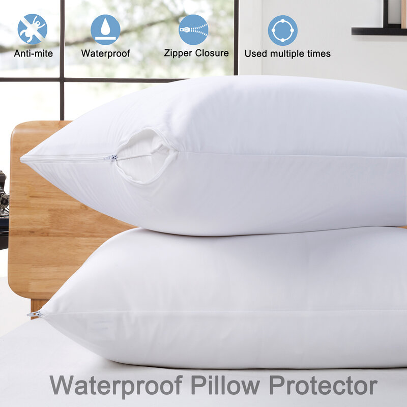 Smooth Waterproof Pillow Cover for Pillow Case Protector Allergy Pillow Case Anti Mites BedBug Proof Zipper All Sizes 1PC