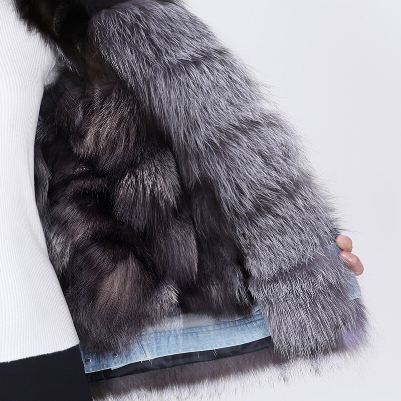 MAOMAOKONG 2020 winter warm odpinany fox futrzana podszewka kurtka dżinsowa naturalny prawdziwy kołnierz z futra szopa kurtka damska płaszcz damski