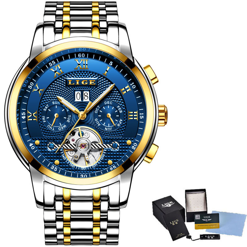LIGE-Relógio Mecânico Automático Masculino, Relógios Esportivos Impermeáveis, Aço Completo, Negócios, Marca de topo, Luxo