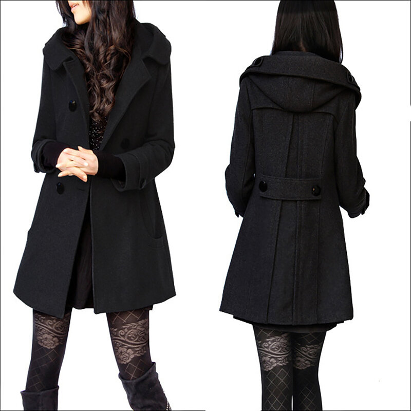 Женское двубортное пальто средней длины, толстое шерстяное пальто с капюшоном, ветровка, Осень-зима