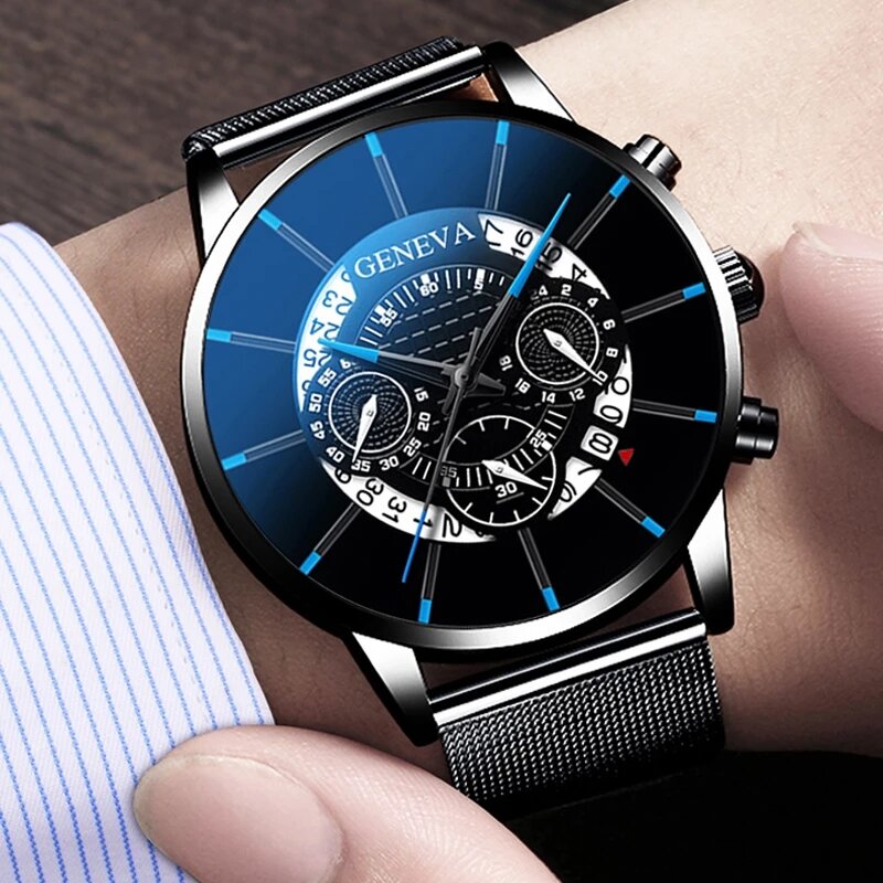 Часы наручные мужские с календарем, роскошные модные деловые кварцевые аналоговые с сетчатым браслетом из нержавеющей стали