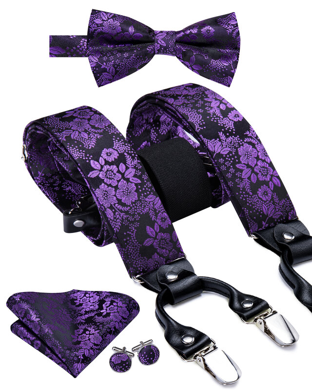 Hi-Tie Silk Adult Men's Bow Tie and suspenders Set Leather Metal 6 Clips Braces Purple Floral Elastic Wedding Suspender SET