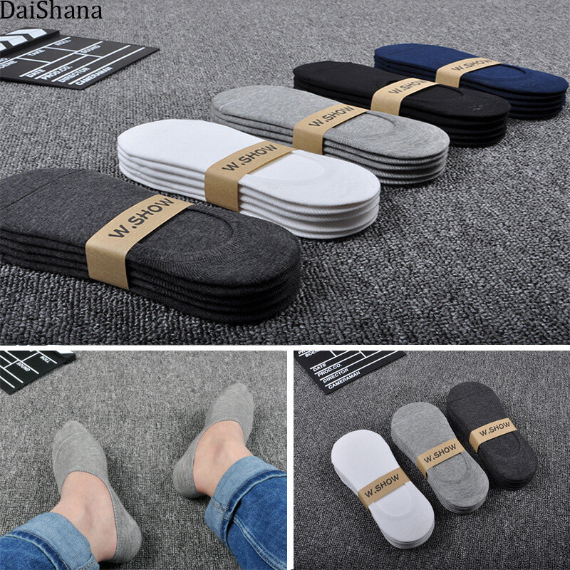 5 pares de verão fino invisível algodão meias masculinas silicone antiderrapante meias para homens respirável cor pura moda barco meias