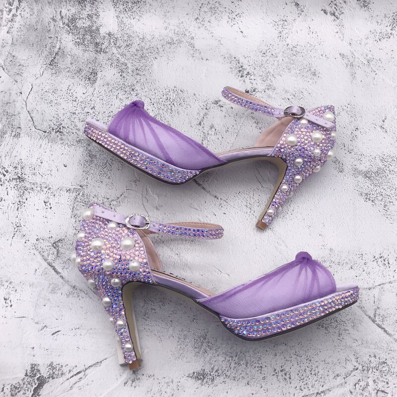 Bs1481 feito sob encomenda altura do salto sapatos femininos sapatos de casamento nupcial lilás lavanda pérola pedras sapatos com saco de harmonização conjunto