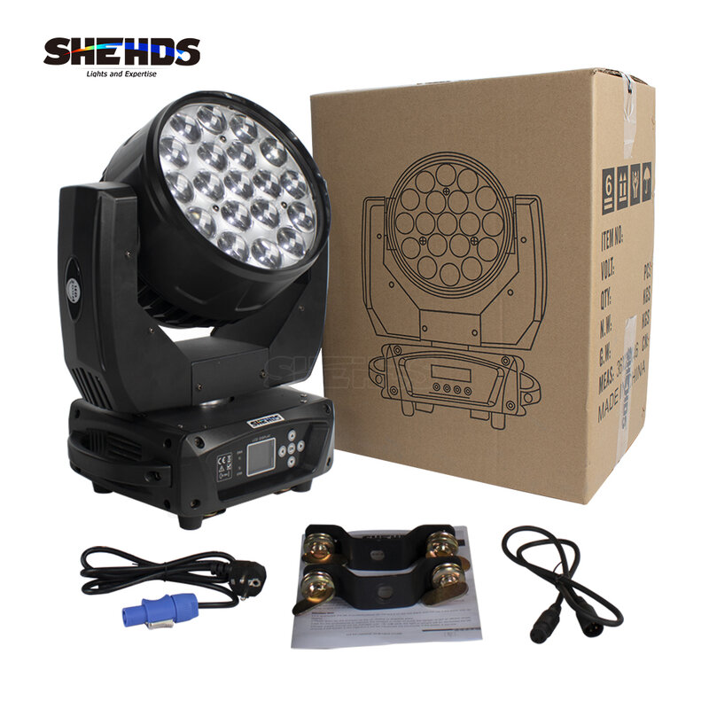SHEHDS-LED RGBW feixe e lavagem Zoom Moving Head Light, 19x15W, DMX 16, 24 CH, DJ Disco Parte, Igreja, TV, Estúdio Equipamento Efeito Stage, Novo
