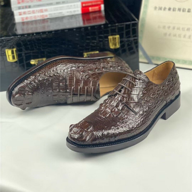 Oxfords – chaussures en cuir d'alligator véritable marron, chaussures habillées pour hommes, à lacets, artisanales, authentiques
