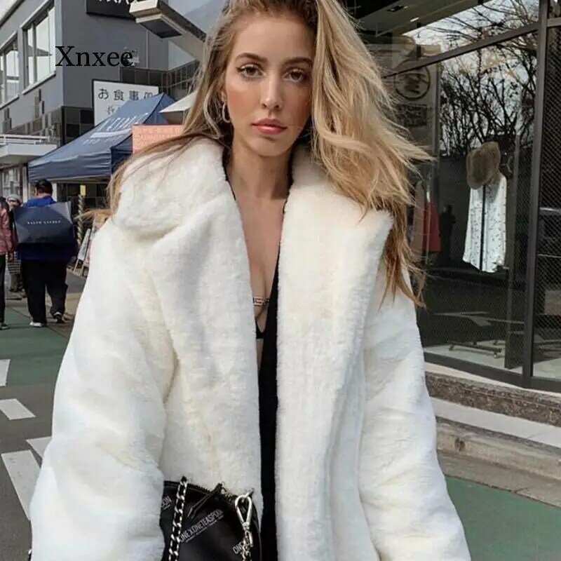 Inverno feminino casaco de pele de coelho falso alongar joelho casaco de pele solto lapela casaco grosso quente feminino casacos de pelúcia