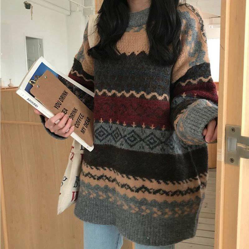 Винтажный женский свитер пуловер, зимние полосатые Джемперы, Свободный пуловер в Корейском стиле, вязаная одежда, повседневный свободный свитер, женский свитер