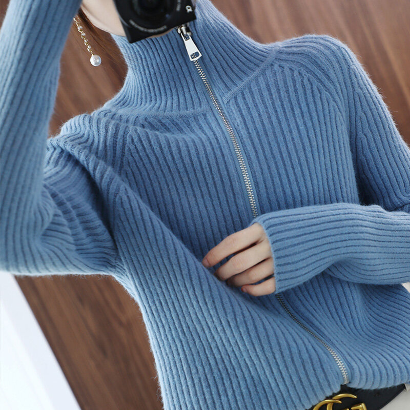 Вязаный свитер, Модный женский кардиган с высоким воротником, новинка 2021, верхняя одежда, Топ с длинным рукавом, тонкий универсальный свитер