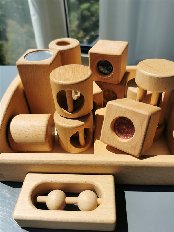 Montessori Holz Spielzeug Unpaint Holz Sensorischen Rassel Kinder Perlen Glocken Marmor Läuft Musik Regen Maker