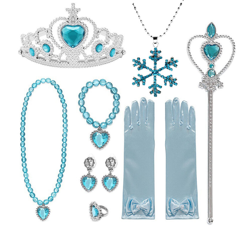 Accesorios de Elsa para niñas, collar de corona, peluca de aro de pelo, guante de varita mágica, piezas encantadoras, vestido para niños, adorno de ropa