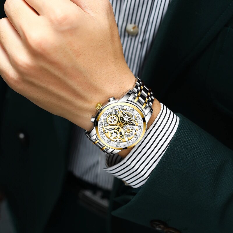 Mężczyźni kwarcowy zegarek Hollow zegarki Top marka chronograf ze stali nierdzewnej zegar luksusowe Relogio Masculino złote zegarki 2022 nowy