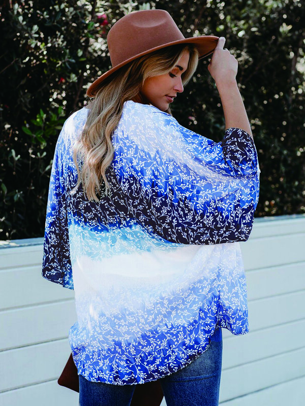 Gradient Blue Cardigan Chiffon Kimono Summer Tie Dye Ocean Design Wheat Pattern Bohemia Casual Women Trend Short Light Coat