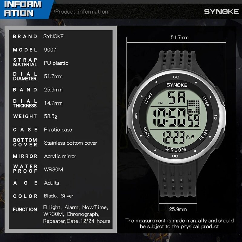 Synoke sports men assista 30m à prova dwaterproof água digital relógios de pulso eletrônico masculino homem relógios para homem relogio masculino