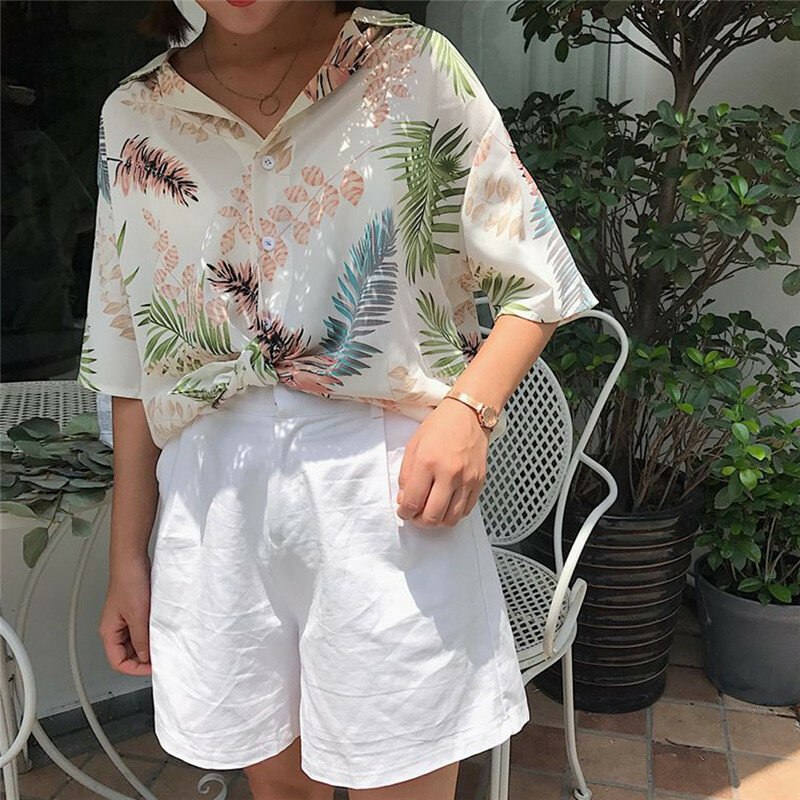 Новые летние женские в гавайском стиле; Модный цветочный короткий рукав рубашки женские свободные повседневные топы, блузки из шифона, один размер
