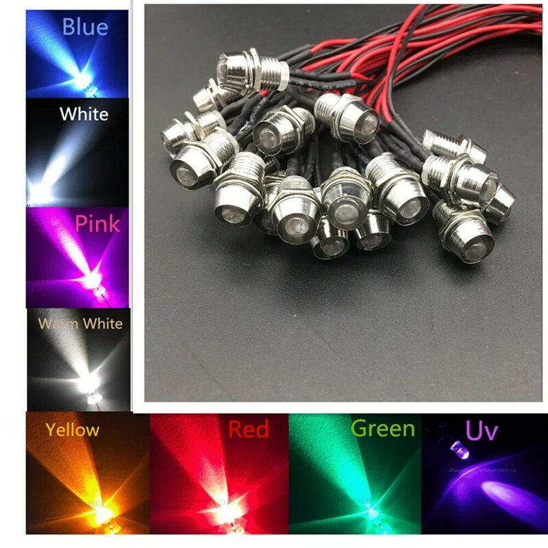 50pcs 5 millimetri 12V colorato pre-wired LED Indicatore Metallo Pilot Dash Lampada Della Luce Cavi di Legare