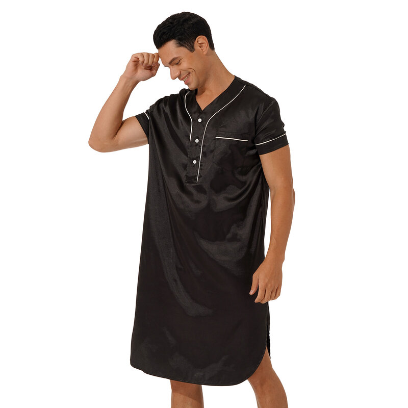 Mannen V-hals Korte Mouw Satin Pyjama Nachthemd Knop Gebogen Zoom Trui Nachtkleding Night-Gewaad Met Pocket Nachtkleding