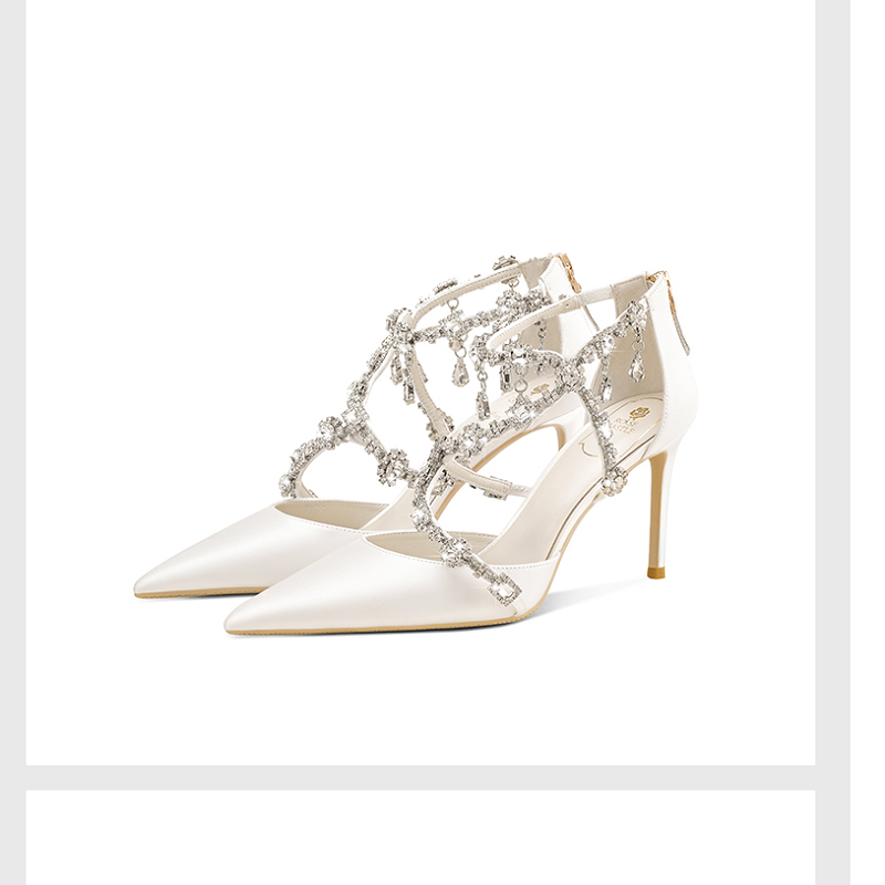 2021 wiosna nowa moda prosta szpilka buty ślubne damska biała sukienka imprezowa pojedyncze buty z kryształkami spiczaste sandały