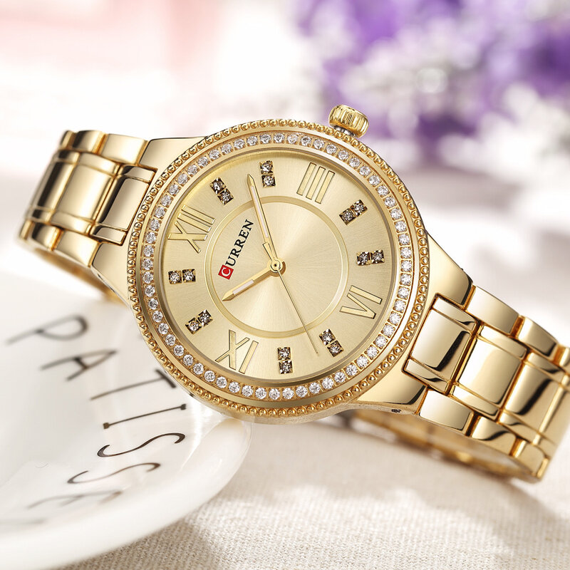 Curren feminino relógio de quartzo para senhoras da forma feminina relógios de pulso iced fora dimaond reloj mujer prata aço inoxidável relógio