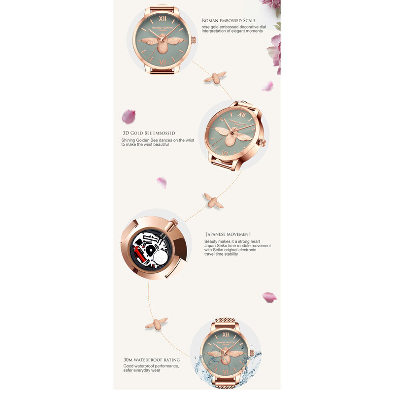 Relojes de cuarzo con hebilla de gancho de acero inoxidable para mujer de Hanna Martin, relojes de pulsera de cuarzo resistentes al agua para mujer