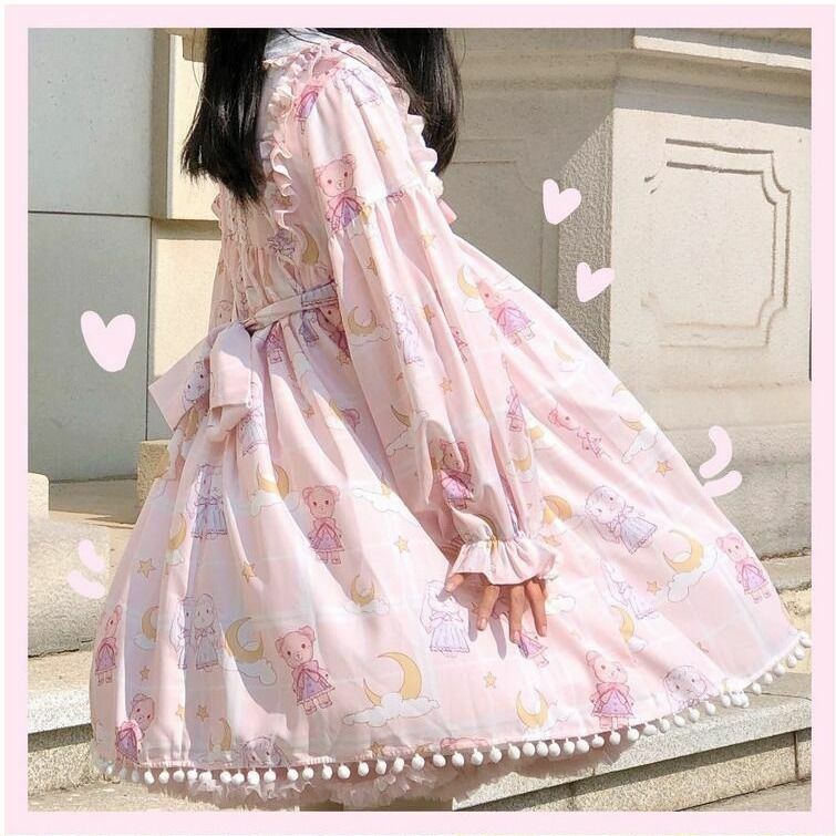 Kawaii Lolita Dress Long Sleeve Loose Cartoon Cute Print Victorian Dress Women Bow Printed Autumn Clothing Vestidos
