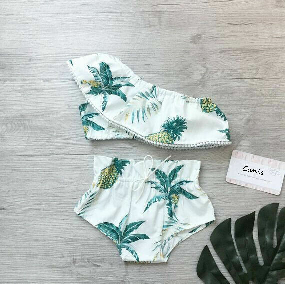 Toddler Girls Pineapple Print Bikini Set Ruffle Crop Tops Shorts Briefs Outfit Kids Two Piece Summer Fashion Swimwear Beachwear