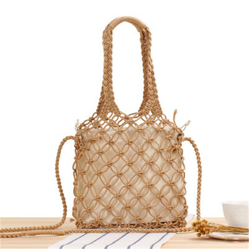 Однотонная плетеная пляжная соломенная сумка через плечо из хлопка, с сетчатым карманом