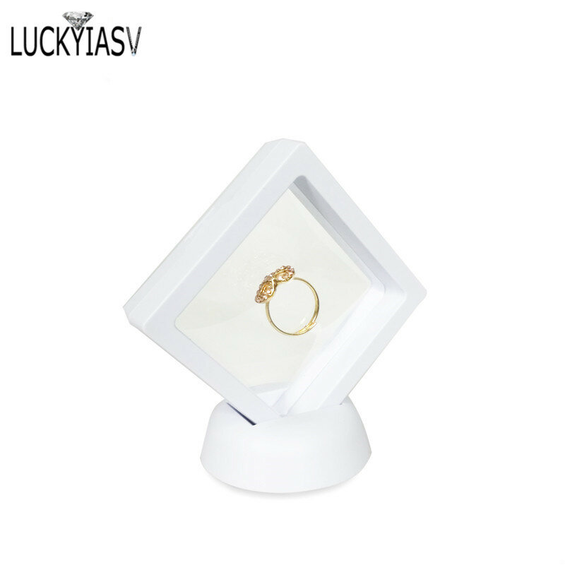 Preto branco plástico suspenso flutuante caso de exibição brinco moeda jóias anel de armazenamento de jóias pet caixa de suporte de membrana 7*7*2cm