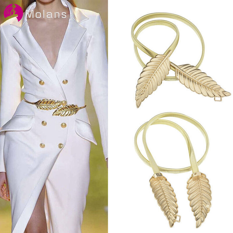 Molans Golden Leaf Shape Wedding Elastic Strap Decorative Stretchy Skinny Bridal Belt Metal Female Strap for Women Girls