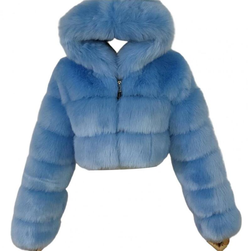 여성용 인조 모피 코트, 푹신한 지퍼 후드, 따뜻한 짧은 재킷, 따뜻한 겨울 재킷, 패션