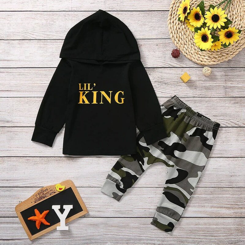 2020 New Toddler Kids Baby Boy Letter Hoodie T Shirt Tops+ Camo Pants Outfits Newborn Clothes Set  Children's suit High Quality