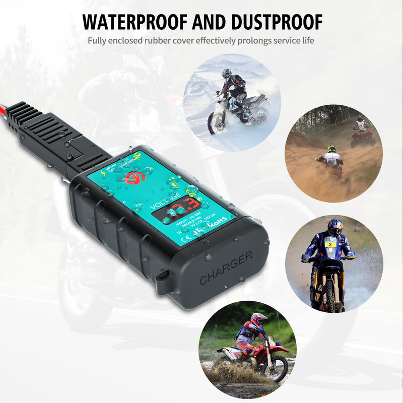 Motorcycle USB Charger Adapter Waterproof Voltmeter Motorbike 12V Power Supply Socket Fast Charging Dual Port for Phone GPS