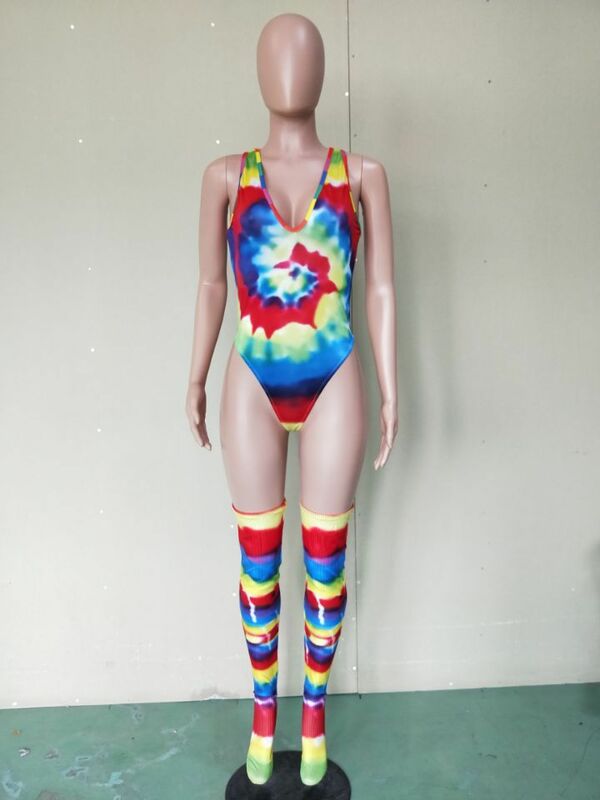 BKLD abbigliamento donna body Sexy moda Tie-Dye stampato senza maniche scollo a v Skinny tuta intera con calzini Clubwear da festa