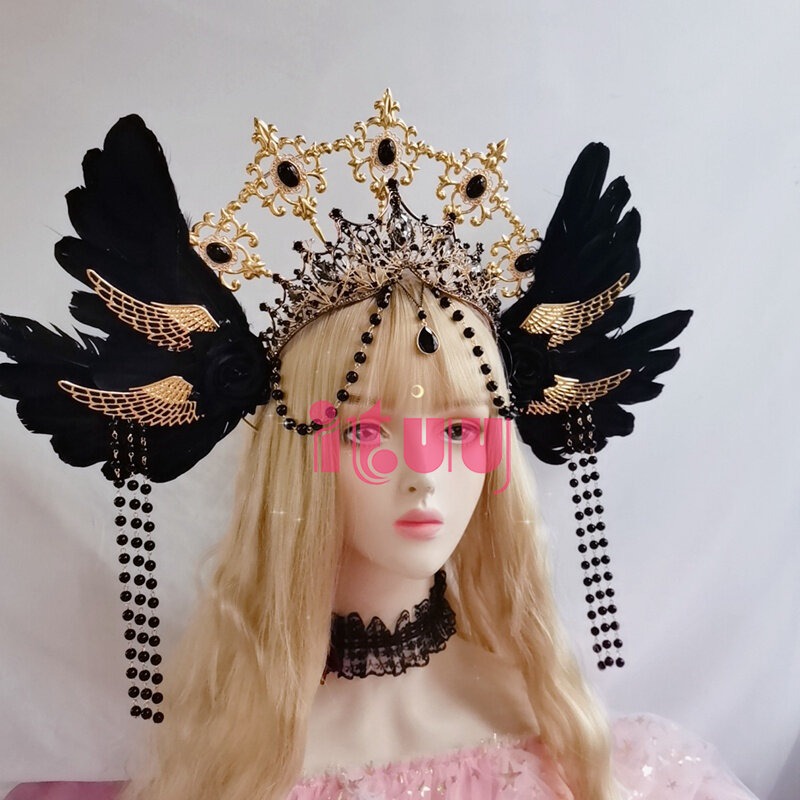 Chaîne de perles noires style Baroque, ailes d'ange Rose, rétro de marraine du soleil, magnifique Halo Lolita KC couronne accessoires pour cheveux