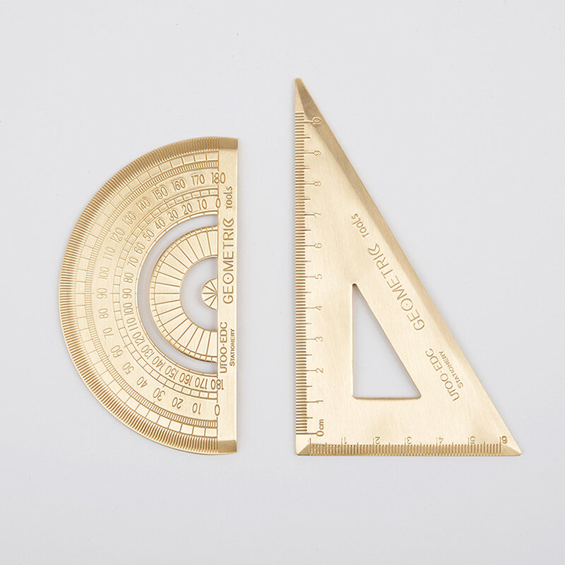 Vintage Brass Geomitric Ruler Golden Retro Semicircle Protractor Triangle Ruler Protractor School Kids Gift Set Measure Tools