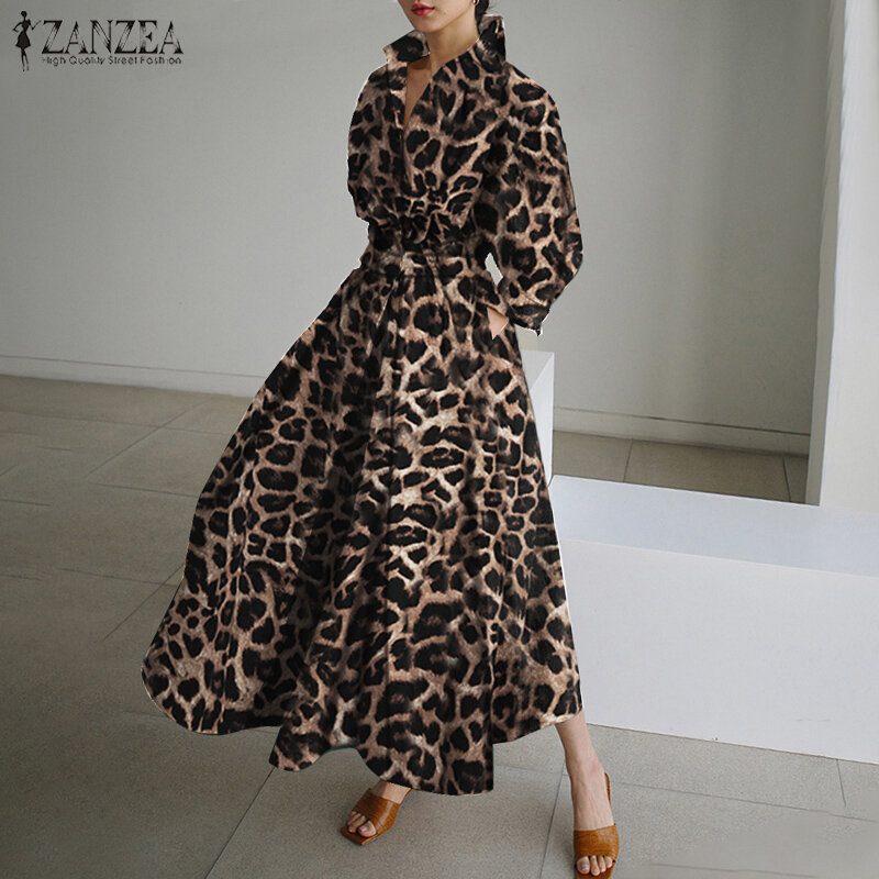 ZANZEA-Vestido camisero elegante para mujer, Vestido largo de manga larga, liso, informal, de cintura alta, talla grande 7, 2023