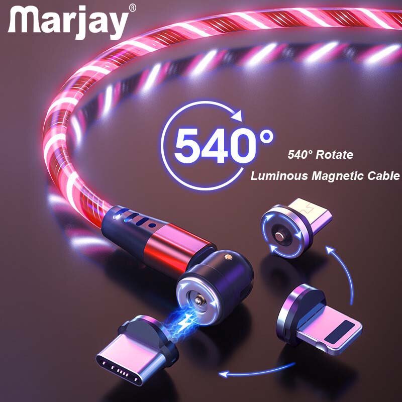 Marjay 540 회전 마그네틱 케이블 3 In 1 마그네틱 충전기 흐름 발광 LED 조명 USB 케이블 유형 C 마이크로 USB 와이어 충전 용
