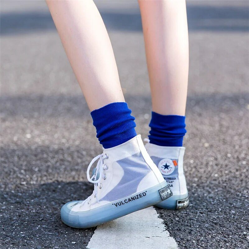 Женские хлопковые носки в стиле ретро Харадзюку, зимние носки без пятки в Корейском стиле, фиолетовые, синие, желтые, розовые, дизайнерские, ...