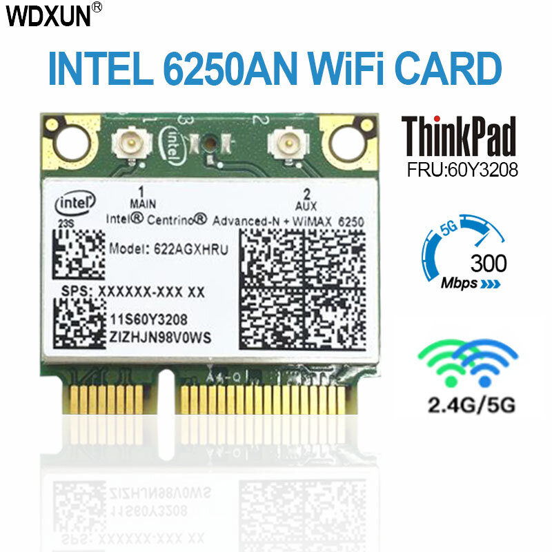 بطاقة واي فاي لاسلكية 622ANXHMW 6250AN 300Mbps 2.4G & 5G محول واي فاي لينوفو/ثينك باد إنتل المتقدم-N 6250 ANX FRU 60Y3195