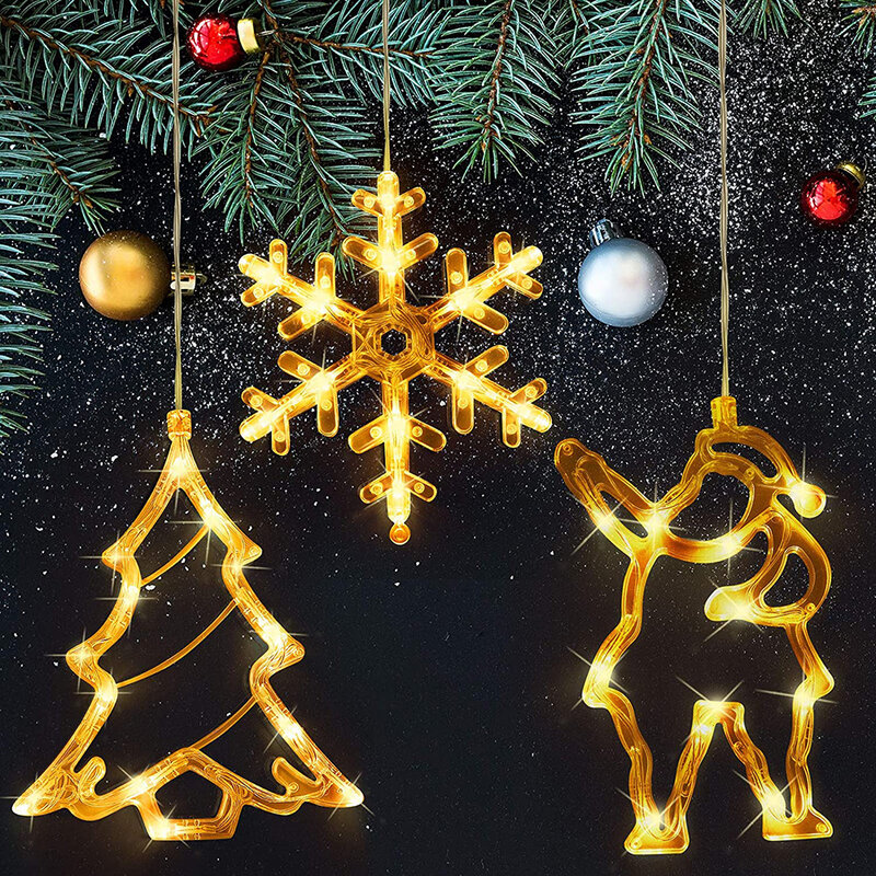 LED Natal Lampu Pengisap Lonceng Bintang Manusia Salju Lampu Liburan Jendela Hias Bertenaga Baterai Lampu Gantung untuk Dekorasi Rumah