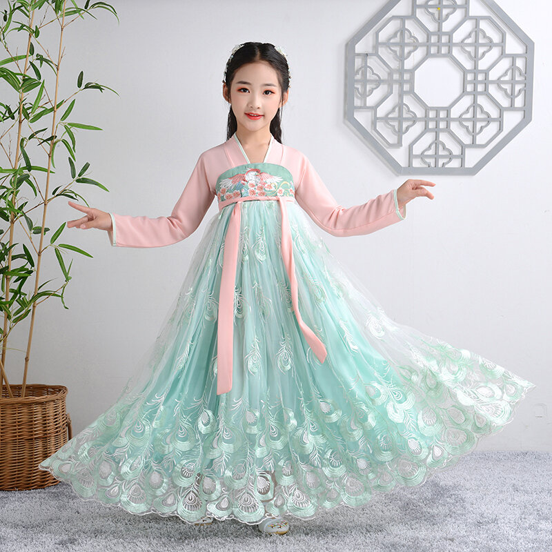 فستان سهرة طويل لحفلات الزفاف للأطفال ، فستان مطرز ، أميرة هان فو ، حفلة عيد ميلاد ، رقص ، فستان صيني للأطفال