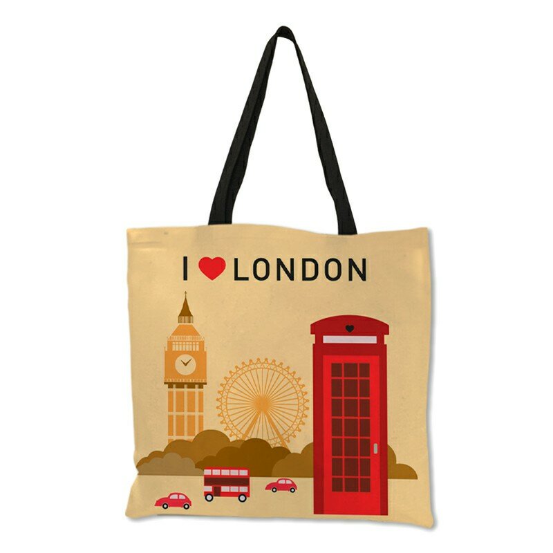 Large Capacity Reusable Folding Shopping Bag British Style London Landscape Pattern Print Women Handbag Shoulder Bags B10096