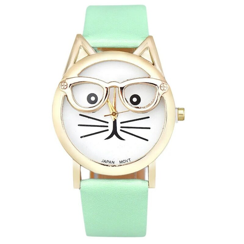 ساعات يد كوارتز أنيقة موديل 2020 للسيدات مصنوعة من جلد صناعي ساعات يد بطباعة على شكل قطة نظارات لطيفة