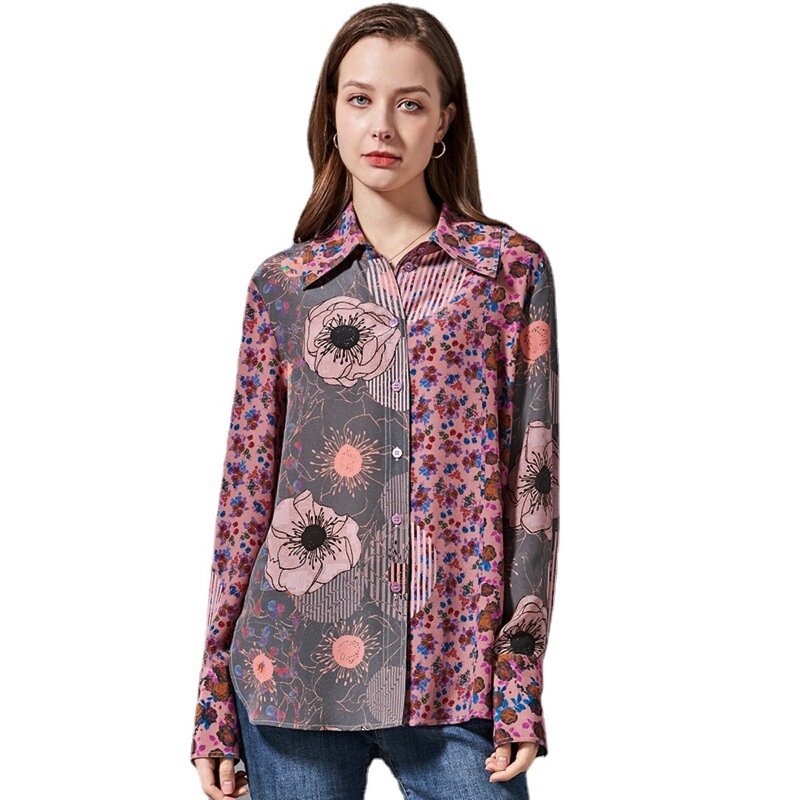 CISULI-여성 실크 프린트 셔츠, 홀리데이 스타일 가을 셔츠 100%