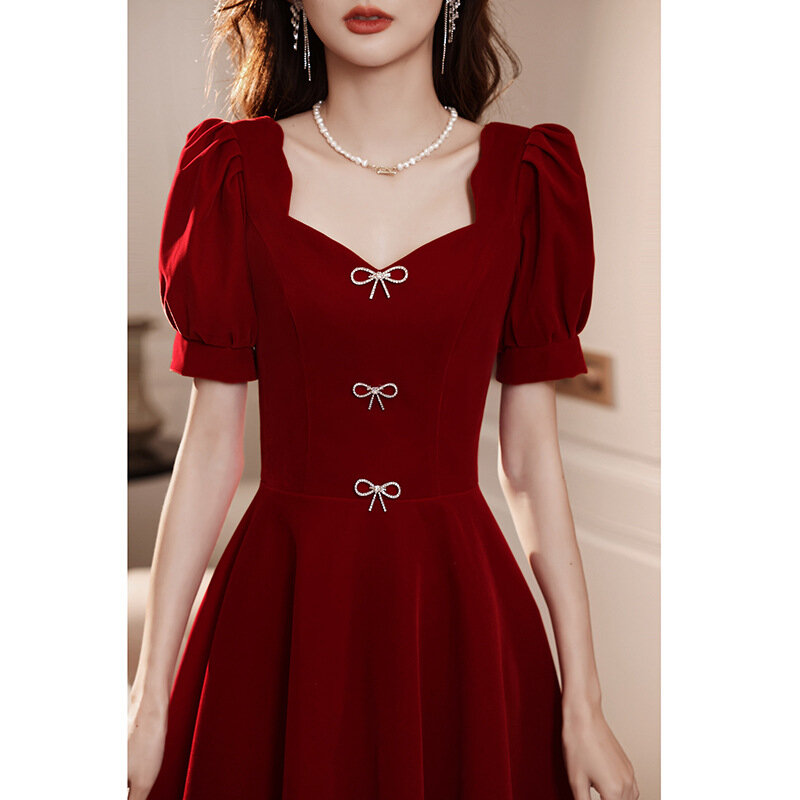 Burgundy French Dress Women Elegant Puff Sleeve Slim Party Dresses Bow Suede A Line Simple Birthday Prom Gowns Vestidos