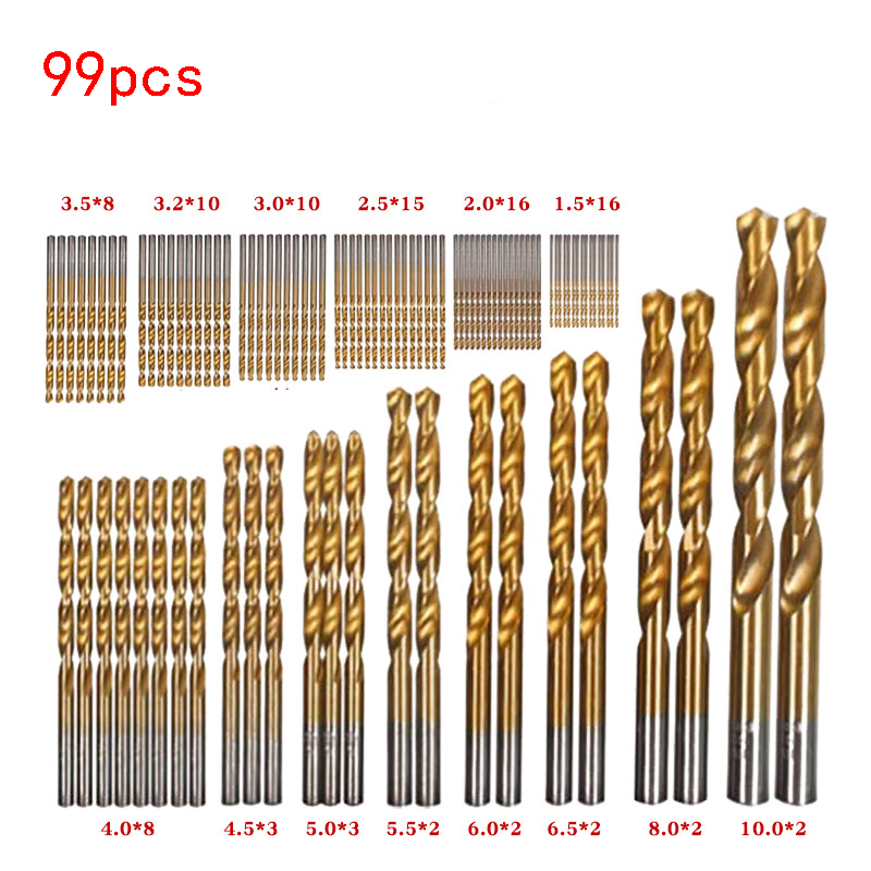 99pcs titanium-coated drill bit group HSS 1-10mm is suitable for metal, wood and plastic.