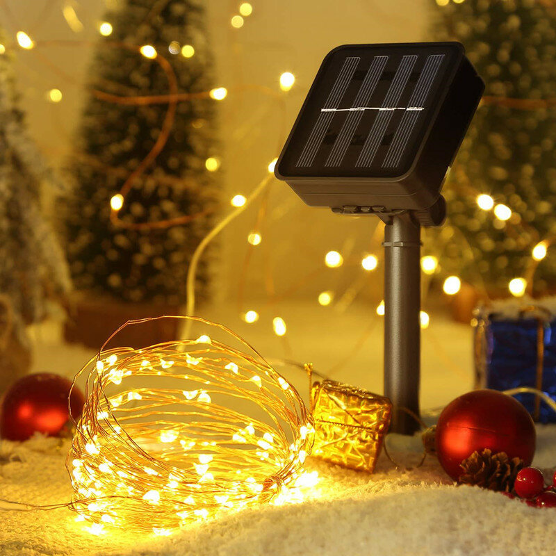 Cordão com lâmpada led solar 100/200, à prova d'água, fio de cobre, luzes de fadas, para festa no natal, guirlanda, com energia solar, para jardim ao ar livre