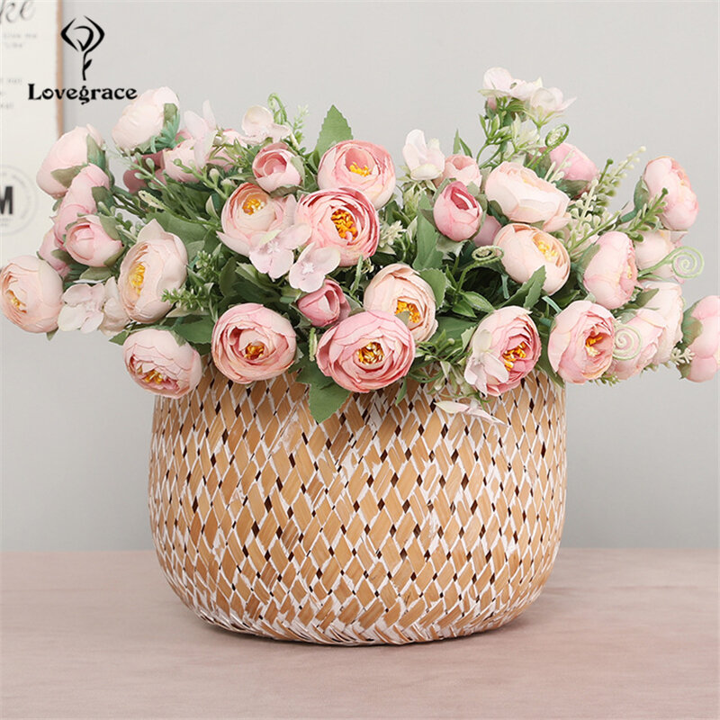 Lovegrace-Mini ramo de rosas de té para dama de honor, 10 cabezas de rosas de seda, flores artificiales para boda, mesa de casa, decoración de fiesta