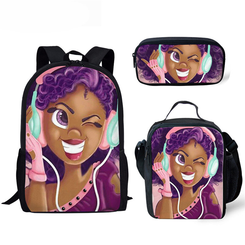 Cattoon Zwart Meisje Dame Afdrukken Rugzak Set Mode Schooltassen Voor Meisjes Kids Boek Tas Toevallige Mochila Custom Single Pakket