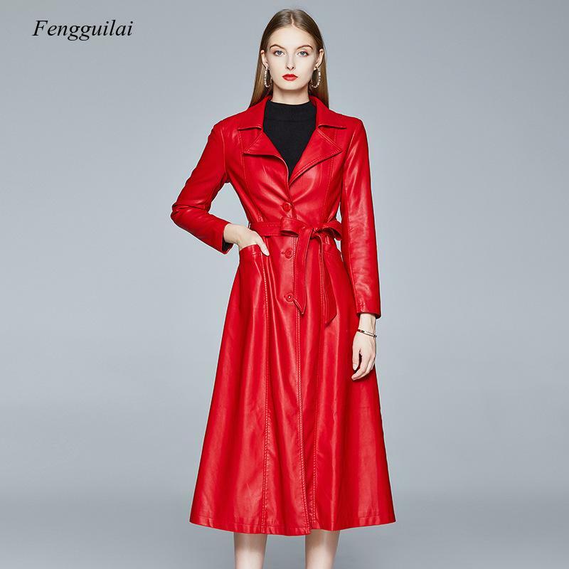 Mantel Jas Hujan Kulit Maxi Merah Hitam Kualitas Tinggi untuk Wanita Mode Mantel Rok Panjang Ekstra Panjang